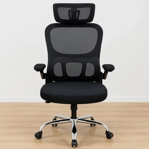 Ergonomic black mesh high-back office chair with an adjustable headrest, flip-up padded armrests, and a polished chrome swivel base.