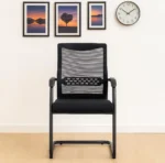 Mesh office guest chair featuring a breathable black mesh backrest with an integrated horizontal perforated lumbar support band, a contoured black fabric padded seat cushion, and curved black armrests, all supported by a durable matte black metal cantilever sled base.