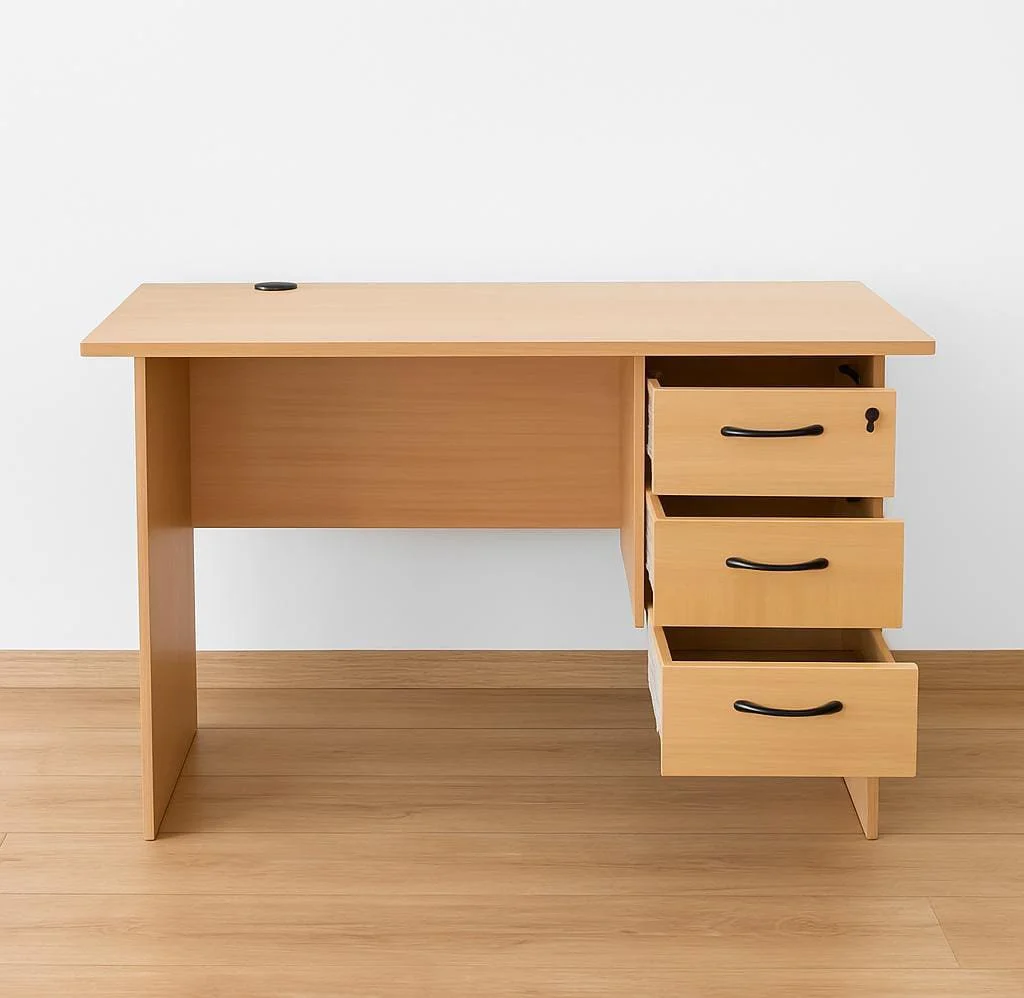 Light oak 120cm office study desk with an integrated three drawer locking pedestal and a built-in cable grommet.