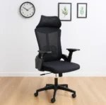 High back ergonomic office seat featuring a tall, breathable black mesh backrest with an integrated adjustable lumbar support pad, a wide contoured fabric-padded seat cushion, an extra-wide curved mesh headrest, adjustable T-shaped armrests, and a heavy-duty black five-star swivel base on dual-wheel casters.