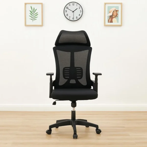 High back ergonomic office seat featuring a tall, breathable black mesh backrest with an integrated adjustable lumbar support pad, a wide contoured fabric-padded seat cushion, an extra-wide curved mesh headrest, adjustable T-shaped armrests, and a heavy-duty black five-star swivel base on dual-wheel casters.