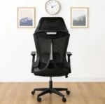 High back ergonomic office seat featuring a tall, breathable black mesh backrest with an integrated adjustable lumbar support pad, a wide contoured fabric-padded seat cushion, an extra-wide curved mesh headrest, adjustable T-shaped armrests, and a heavy-duty black five-star swivel base on dual-wheel casters.