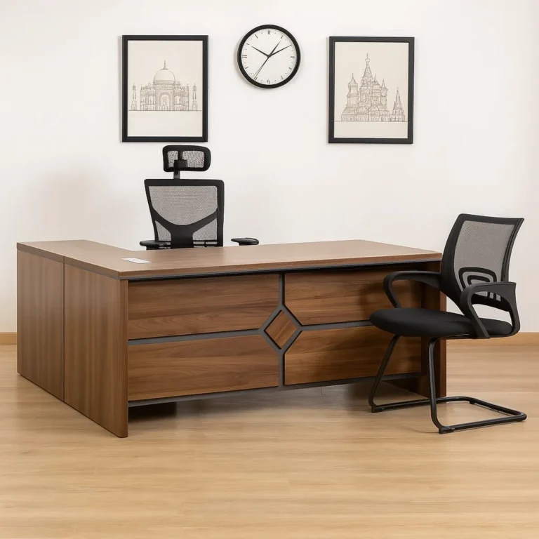 Modern walnut 1.8m L-shaped executive desk featuring a decorative geometric front modesty panel and an integrated side return with three locking drawers.