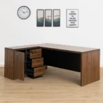 Modern walnut 1.8m L-shaped executive desk featuring a decorative geometric front modesty panel and an integrated side return with three locking drawers.