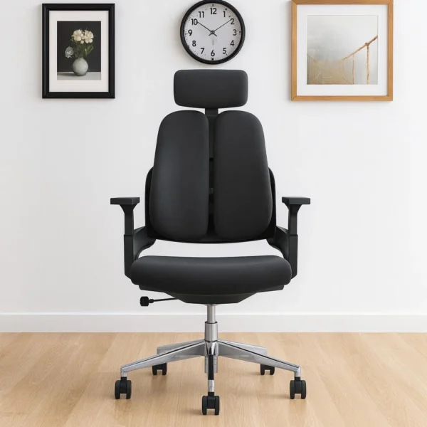 Orthopedic office chair fabric model shown in a front-facing view, featuring a unique dual-wing contoured backrest design upholstered in black fabric, a matching adjustable rectangular headrest, a thick fabric padded seat cushion, adjustable T-shaped armrests, a pneumatic height-adjustment lever, and a polished chrome five-star swivel base equipped with dual-wheel casters.