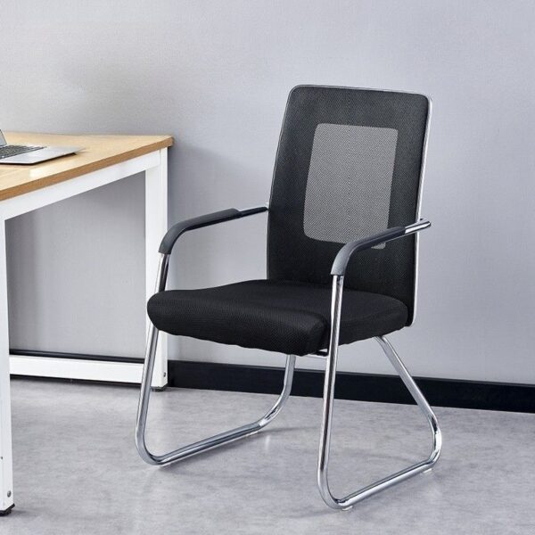 Black mesh medium-back conference chair with integrated armrests and a chrome sled base frame.