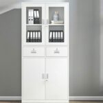 White steel office filing cabinet featuring upper glass doors, two central locking drawers, and lower solid metal storage cupboards.