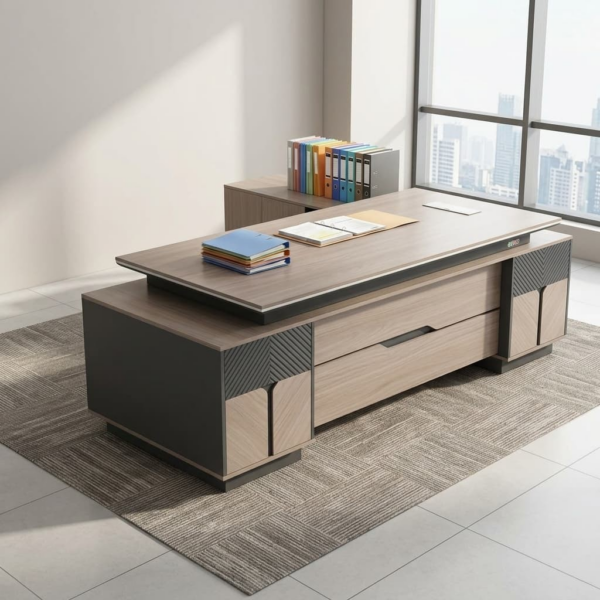 Modern light oak 2.4m executive office desk featuring a layered floating desktop, decorative fluted black front panels, and an integrated side return credenza with open shelving and storage drawers.