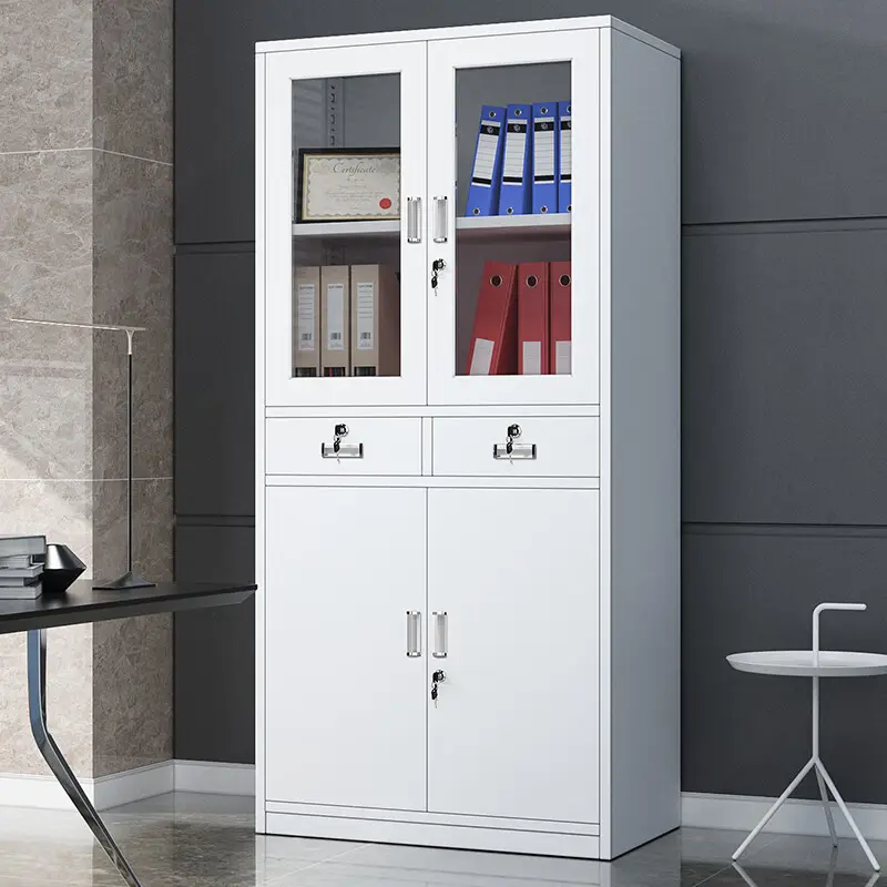 White steel office filing cabinet featuring upper glass doors, two central locking drawers, and lower solid metal storage cupboards.