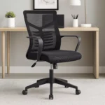 Black mesh medium back office chair with adjustable lumbar support, fixed armrests, and a 5-star wheeled nylon base.