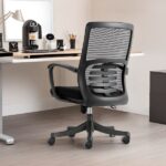 Black mesh medium back office chair with adjustable lumbar support, fixed armrests, and a 5-star wheeled nylon base.