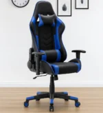 Adjustable blue gaming chair in a high-back racing-style design, upholstered in black faux leather with vibrant blue accents, featuring a removable neck pillow, an adjustable lumbar support cushion, T-shaped height-adjustable armrests, a reclining mechanism lever, and a matching five-star nylon swivel base on color-coordinated blue dual-wheel casters.