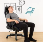 Adjustable blue gaming chair in a high-back racing-style design, upholstered in black faux leather with vibrant blue accents, featuring a removable neck pillow, an adjustable lumbar support cushion, T-shaped height-adjustable armrests, a reclining mechanism lever, and a matching five-star nylon swivel base on color-coordinated blue dual-wheel casters.