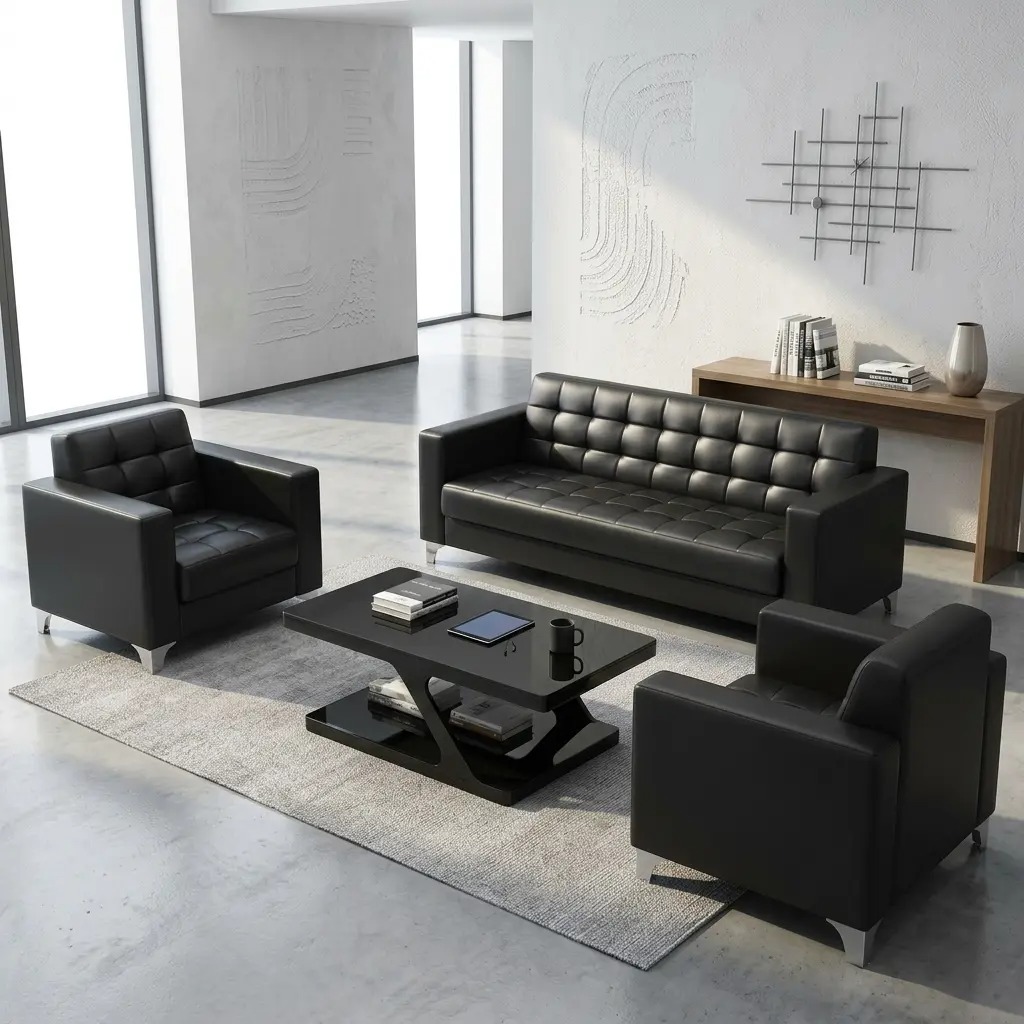 5-seater office sofa set in smooth black faux leather, featuring a three-seater couch and two matching single-seater armchair sofas, all styled with distinctive square grid tufting across the backrests and seats, straight block armrests, and sleek silver metal corner feet.