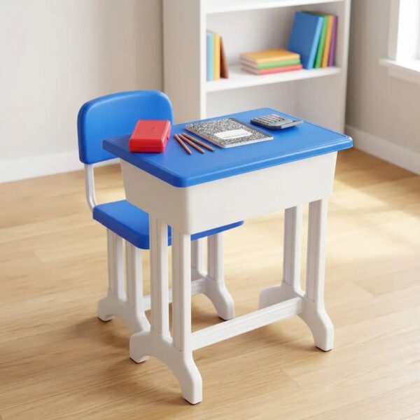 Kids study table and chair set constructed from durable molded plastic, featuring a workstation desk with a royal blue rectangular top, an integrated off-white open-front storage bin underneath, and sturdy white ribbed double-pillar legs, paired with a matching student chair featuring a blue molded seat and backrest on a white plastic frame.