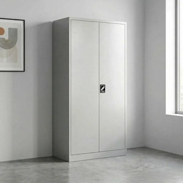 2-door steel file cabinet in a light gray finish, shown with the left door closed and the right door fully open to reveal five spacious interior storage compartments separated by four adjustable shelves, featuring a central recessed black lockable handle mechanism.