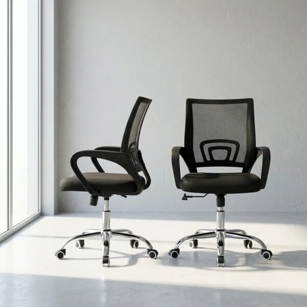Black clerical office chair shown in a pair from front and angled perspectives, featuring a breathable black mesh mid-back backrest with integrated lumbar support, a contoured fabric-padded seat cushion, fixed curved nylon armrests, a pneumatic height-adjustment mechanism, and a polished chrome five-star swivel base on dual-wheel casters.