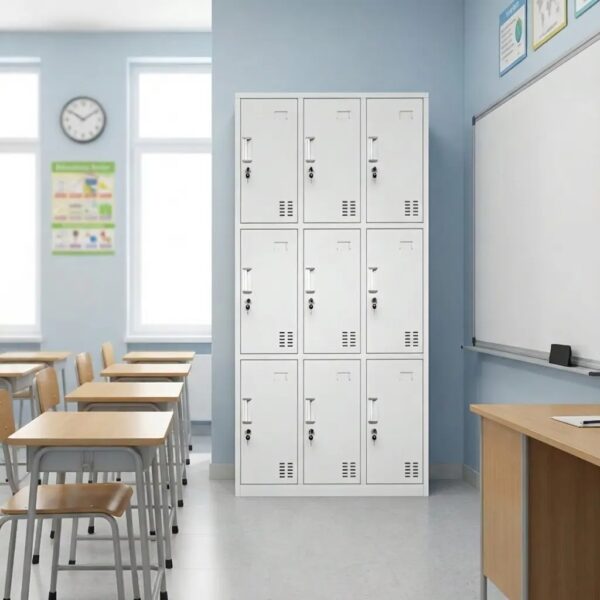 9-locker steel filing cabinet in a clean light gray powder-coated metal finish, arranged in a three-by-three grid configuration, with each individual locker door featuring an inset vertical pull handle, an independent key lock system, a built-in label slot, and lower ventilation louvers.