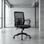 Black mesh medium back office chair with adjustable lumbar support, fixed armrests, and a 5-star wheeled nylon base.