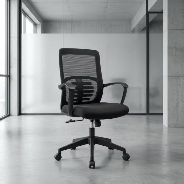 Black mesh medium back office chair with adjustable lumbar support, fixed armrests, and a 5-star wheeled nylon base.