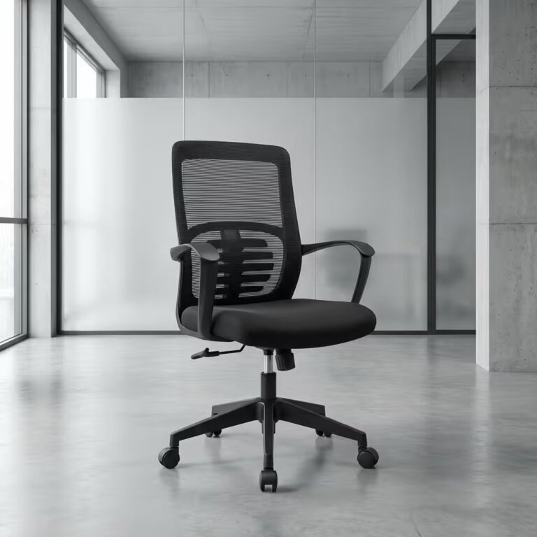 Black mesh medium back office chair with adjustable lumbar support, fixed armrests, and a 5-star wheeled nylon base.
