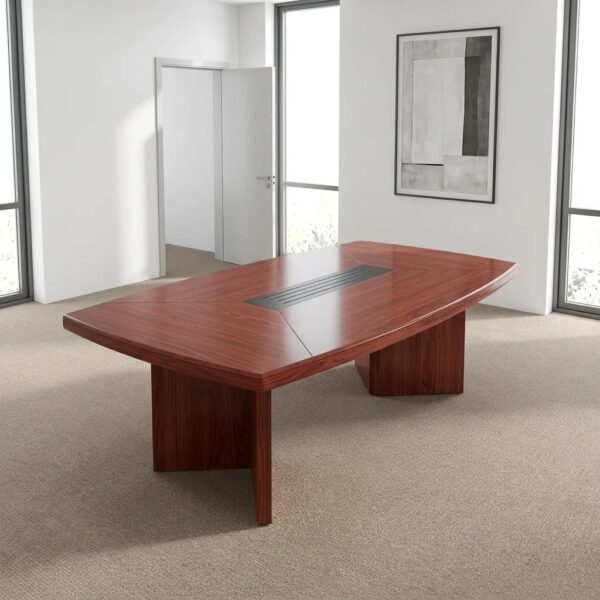 Mahogany 2.0m conference meeting table with boat-shaped wooden top, central black cable management track, and sturdy pedestal base.