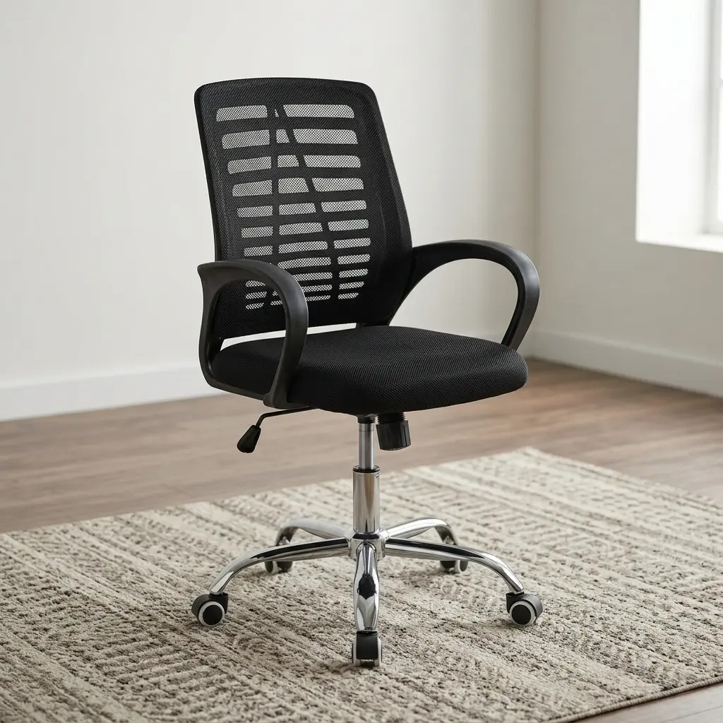 Black mesh medium back staff office chair with fixed curved armrests, padded fabric seat, and chrome swivel base.