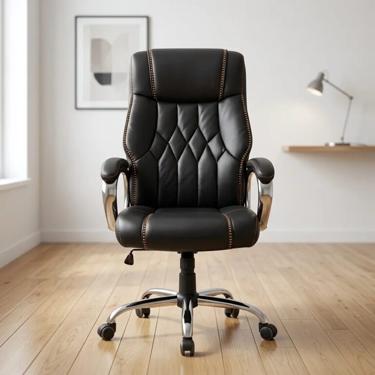 Black leather high back executive office chair with diamond tufted backrest, contrast stitching, and chrome swivel base.