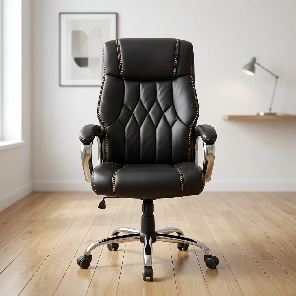Black leather high back executive office chair with diamond tufted backrest, contrast stitching, and chrome swivel base.