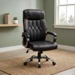 Black leather high back executive office chair with diamond tufted backrest, contrast stitching, and chrome swivel base.