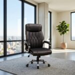 Black leather high back executive office chair with diamond tufted backrest, contrast stitching, and chrome swivel base.