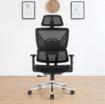 Padded black fabric seat cushion on an ergonomic orthopedic chair with a waterfall edge design for thigh pressure relief.