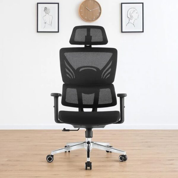 Padded black fabric seat cushion on an ergonomic orthopedic chair with a waterfall edge design for thigh pressure relief.