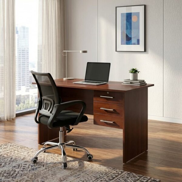 Wooden 0.9m office desk with three locking drawers paired with a black mesh ergonomic swivel chair in a modern workspace.