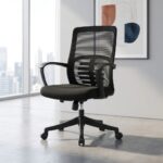 Mid-back office chair featuring a breathable black mesh backrest with an integrated skeletal lumbar support structure, a contoured black fabric-padded seat cushion, fixed curved nylon armrests, an under-seat pneumatic adjustment knob, and a matte black five-star swivel base on dual-wheel casters.