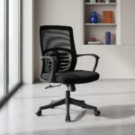 Mid-back office chair featuring a breathable black mesh backrest with an integrated skeletal lumbar support structure, a contoured black fabric-padded seat cushion, fixed curved nylon armrests, an under-seat pneumatic adjustment knob, and a matte black five-star swivel base on dual-wheel casters.