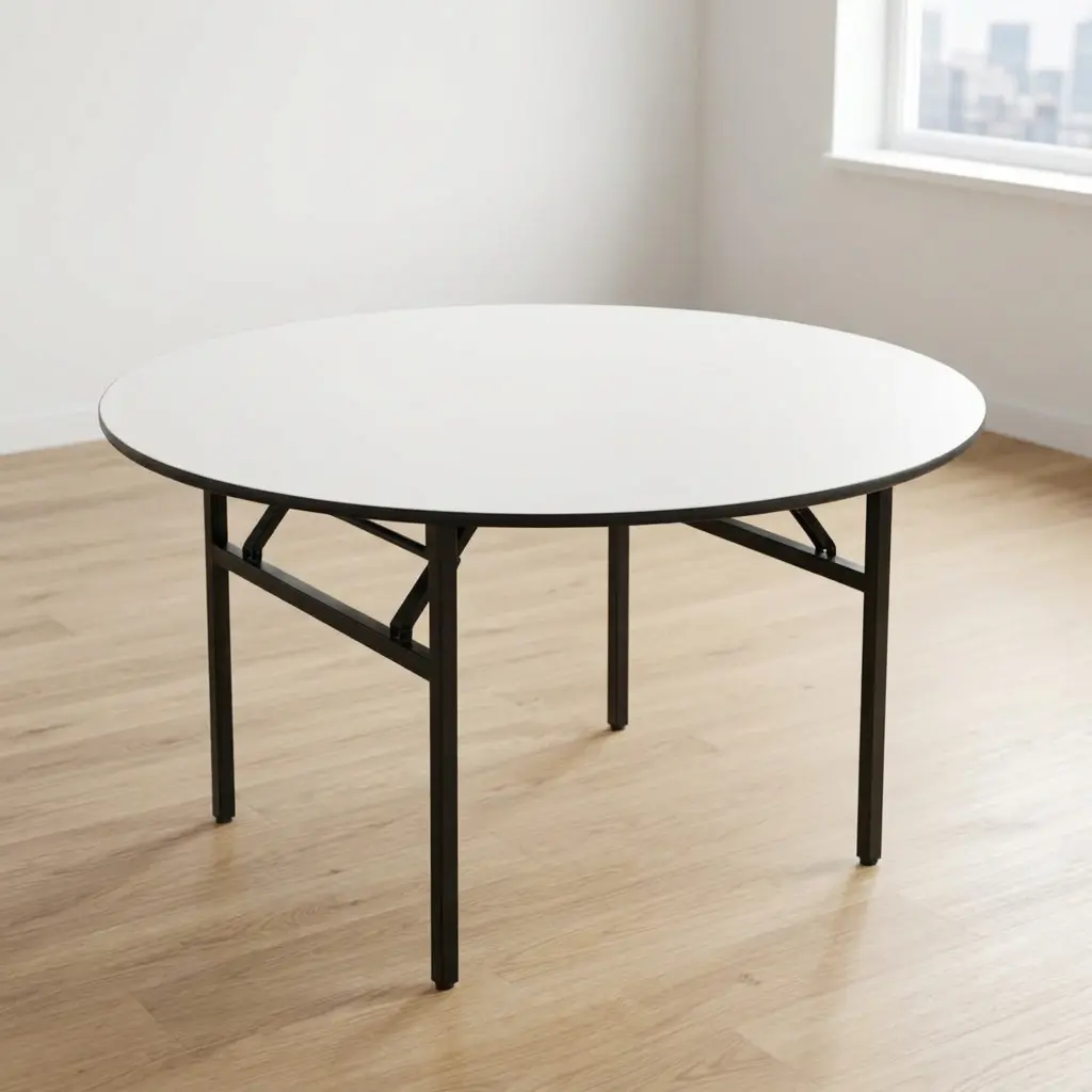 White foldable meeting table featuring a smooth, circular white laminate tabletop with a protective black edge band, supported by a heavy-duty matte black metal frame with collapsible folding legs and integrated locking stability braces. White foldable meeting table featuring a smooth, circular white laminate tabletop with a protective black edge band, supported by a heavy-duty matte black metal frame with collapsible folding legs and integrated locking stability braces.