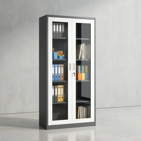 Full glass steel filing cabinet featuring a tall, double-door structure with a dark charcoal gray steel frame, styled with contrasting white-bordered swinging doors that enclose full-length clear glass panels, opening to reveal five spacious storage shelves equipped with a central key lock and dual vertical handles.