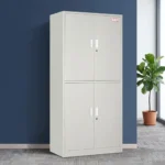 4-door steel filing cabinet in a light gray finish, featuring an upper two-door cupboard shown with the right door open to reveal interior shelving filled with folders, and a matching lockable lower two-door storage cabinet, all accented with vertical metal handles.