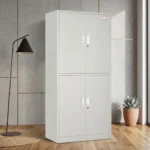 4-door steel filing cabinet in a light gray finish, featuring an upper two-door cupboard shown with the right door open to reveal interior shelving filled with folders, and a matching lockable lower two-door storage cabinet, all accented with vertical metal handles.