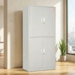 4-door steel filing cabinet in a light gray finish, featuring an upper two-door cupboard shown with the right door open to reveal interior shelving filled with folders, and a matching lockable lower two-door storage cabinet, all accented with vertical metal handles.