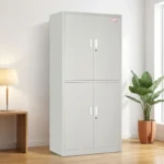 4-door steel filing cabinet in a light gray finish, featuring an upper two-door cupboard shown with the right door open to reveal interior shelving filled with folders, and a matching lockable lower two-door storage cabinet, all accented with vertical metal handles.