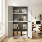 4-door steel filing cabinet in a light gray finish, featuring an upper two-door cupboard shown with the right door open to reveal interior shelving filled with folders, and a matching lockable lower two-door storage cabinet, all accented with vertical metal handles.