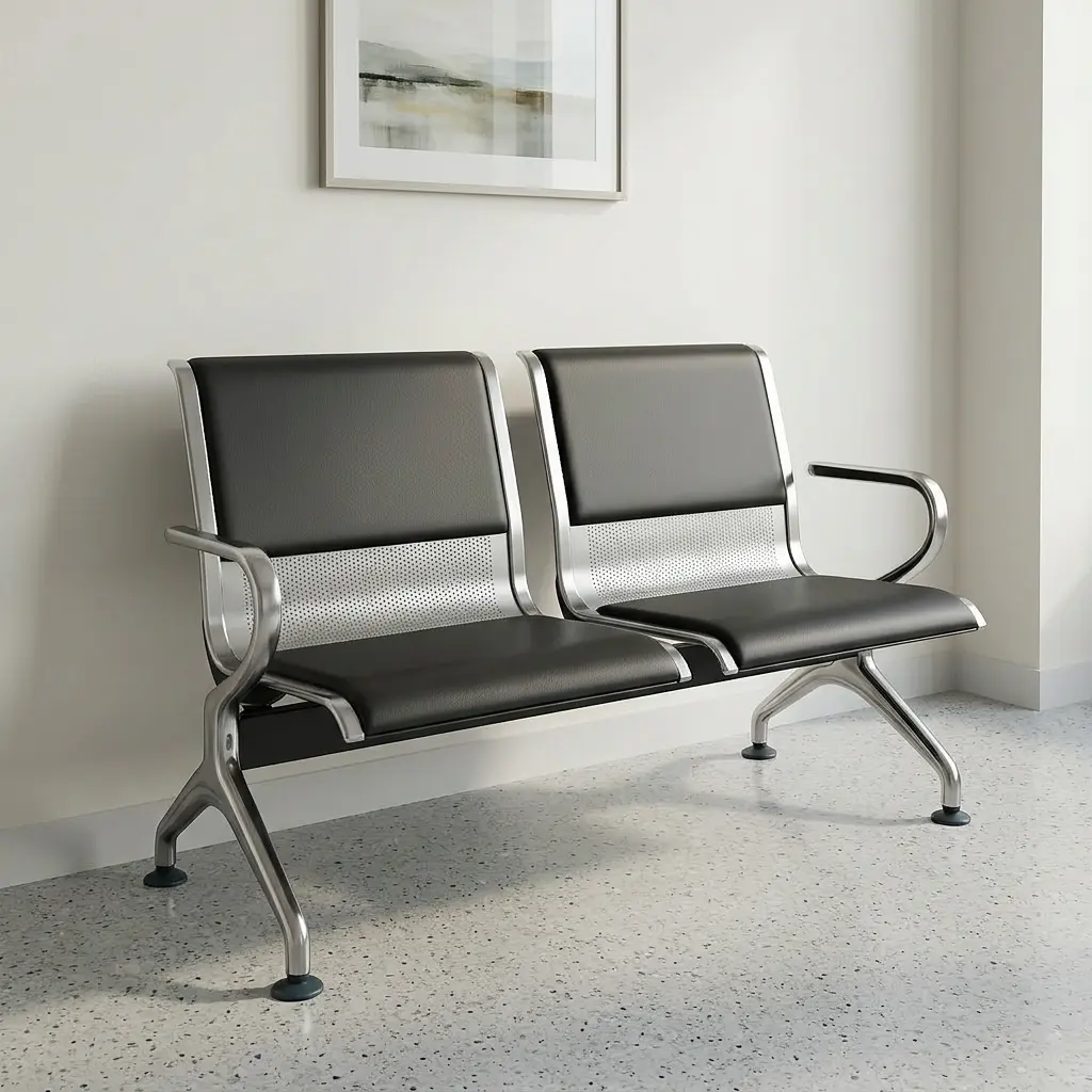 2 seater waiting bench constructed with a durable stainless steel frame and curved metal armrests, featuring two connected seats upholstered with padded black faux leather backrests and seat cushions, accented by integrated perforated steel middle panels, all supported by flared, arched silver legs with adjustable non-slip floor glides.