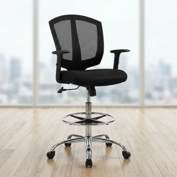 Adjustable Mesh Cashier Chair Improve comfort and efficiency with this Adjustable Mesh Cashier Chair, designed to provide ergonomic support, breathability, and long-lasting durability. It is an ideal seating solution for cashiers, reception desks, customer service counters, supermarkets, banks, pharmacies, retail stores, and office workstations. Its modern mesh design promotes airflow while ensuring maximum comfort during extended working hours. Manufactured with premium materials and a reinforced frame, this adjustable mesh cashier chair is built for everyday commercial use. As a result, it offers reliable performance and exceptional comfort in busy working environments. Ergonomic Mesh Support The breathable mesh backrest provides continuous airflow, helping users stay cool throughout the day. Consequently, it reduces heat buildup and improves comfort during long shifts. Additionally, the ergonomic backrest supports the natural curve of the spine, encouraging healthy posture and reducing lower back fatigue. The padded seat cushion provides excellent comfort while maintaining its shape after regular use, making the chair suitable for prolonged sitting. Adjustable Features This cashier chair includes an adjustable seat height mechanism, allowing users to customize the chair according to counter height and personal preference. The supportive foot ring provides additional comfort by reducing pressure on the legs during extended working periods. The 360-degree swivel function enables effortless movement, allowing users to access workstations and equipment without unnecessary strain. Smooth caster wheels further improve mobility across various floor surfaces. Durable Construction Built with a heavy-duty frame and stable base, this chair delivers outstanding strength and durability for daily commercial use. The quality mesh upholstery resists wear while maintaining a modern professional appearance. Moreover, the reinforced construction ensures dependable support throughout years of continuous operation. The mesh and seat surfaces are also easy to clean, requiring minimal maintenance to maintain a neat appearance. Modern Professional Design Its contemporary design complements reception counters, cashier stations, office desks, and retail environments. As a result, it blends seamlessly with modern commercial interiors while enhancing workplace comfort and efficiency. Key Features Premium adjustable mesh cashier chair Breathable ergonomic mesh backrest Comfortable padded seat Adjustable seat height Supportive foot ring 360-degree swivel function Smooth caster wheels Heavy-duty stable base Benefits Promotes healthy sitting posture Reduces fatigue during long shifts Improves workplace comfort and productivity Provides long-lasting durability Ideal for supermarkets, banks, pharmacies, retail stores, reception areas, cashier counters, and office workstations