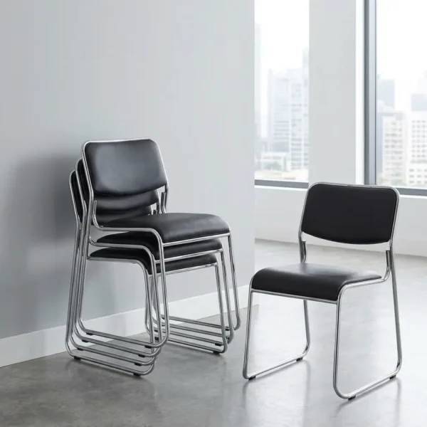 Stackable chrome office waiting chair shown both individually and in a vertical stack of three, featuring padded rectangular backrests and seat cushions upholstered in sleek black faux leather, built with a heavy-duty polished chrome cantilever sled base frame equipped with small protective non-slip floor glides.