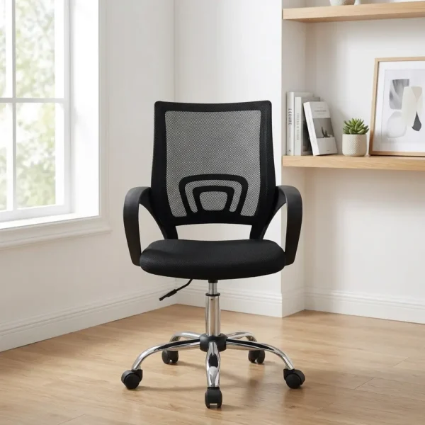 Black secretarial office chair featuring a breathable black mesh backrest with an integrated concentric lumbar support brace, a contoured black fabric-padded seat cushion, fixed curved nylon loop armrests, an under-seat pneumatic height-adjustment lever, and a polished chrome five-star swivel base on dual-wheel casters.
