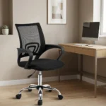 Black secretarial office chair featuring a breathable black mesh backrest with an integrated concentric lumbar support brace, a contoured black fabric-padded seat cushion, fixed curved nylon loop armrests, an under-seat pneumatic height-adjustment lever, and a polished chrome five-star swivel base on dual-wheel casters.