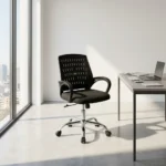 Mid-back strong mesh office chair featuring a patterned black mesh backrest, contoured padded fabric seat, curved armrests, and a polished chrome swivel base.