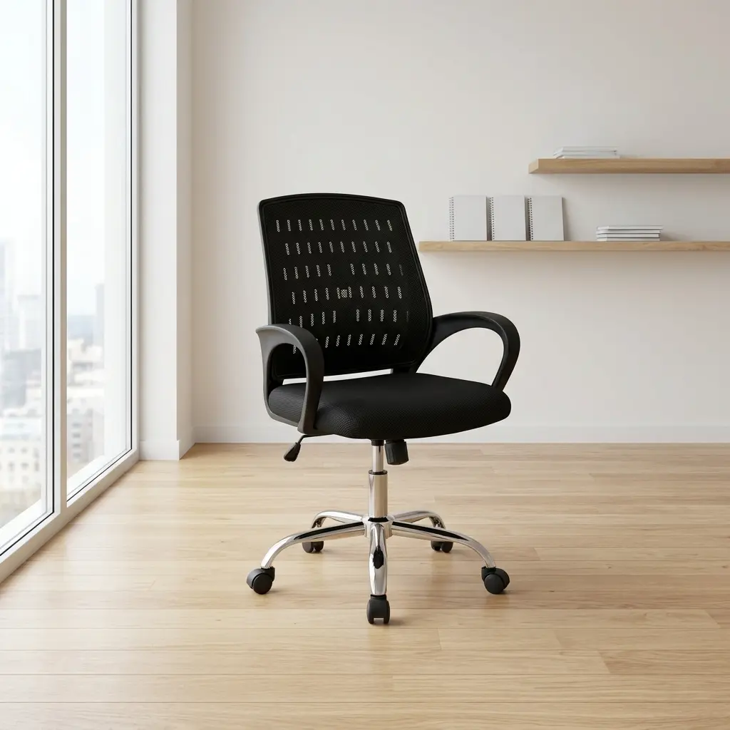 Mid-back strong mesh office chair featuring a patterned black mesh backrest, contoured padded fabric seat, curved armrests, and a polished chrome swivel base. Mid-back strong mesh office chair featuring a patterned black mesh backrest, contoured padded fabric seat, curved armrests, and a polished chrome swivel base.